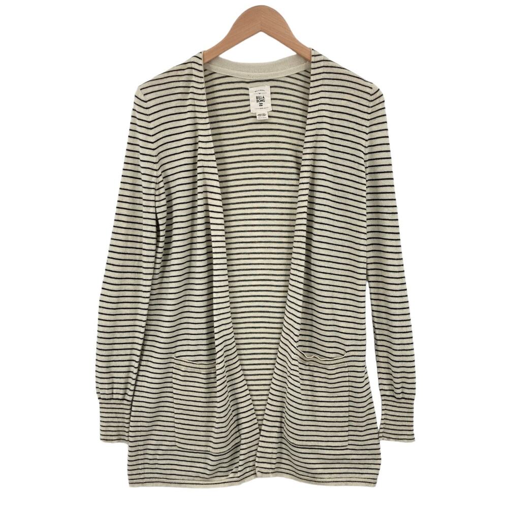 Billabong Cardigan Sweater Womens XS Beige Black Striped Knit Cotton Open Front